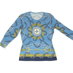 J MCLAUGHLIN Womens Equestrian Print Long Sleeve Designer Classic Top‎ Blue S